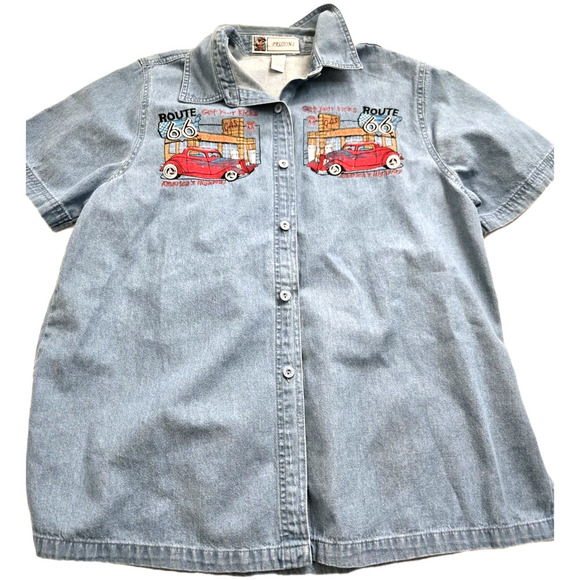 Vintage‎ Passion-I EUC Route 66 Short Sleeve Denim Women Shirt Hot Rod Medium - Picture 11 of 11